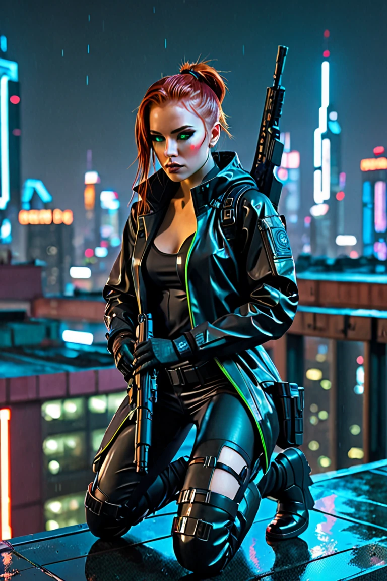 masterpiece, cyberpunk, crowd, city, night, neon light, toned, sci-fi, extremely detailed 8k wallpaper, 1girl, holding gun, battle, revy, revyGun, balalaika, roberta
