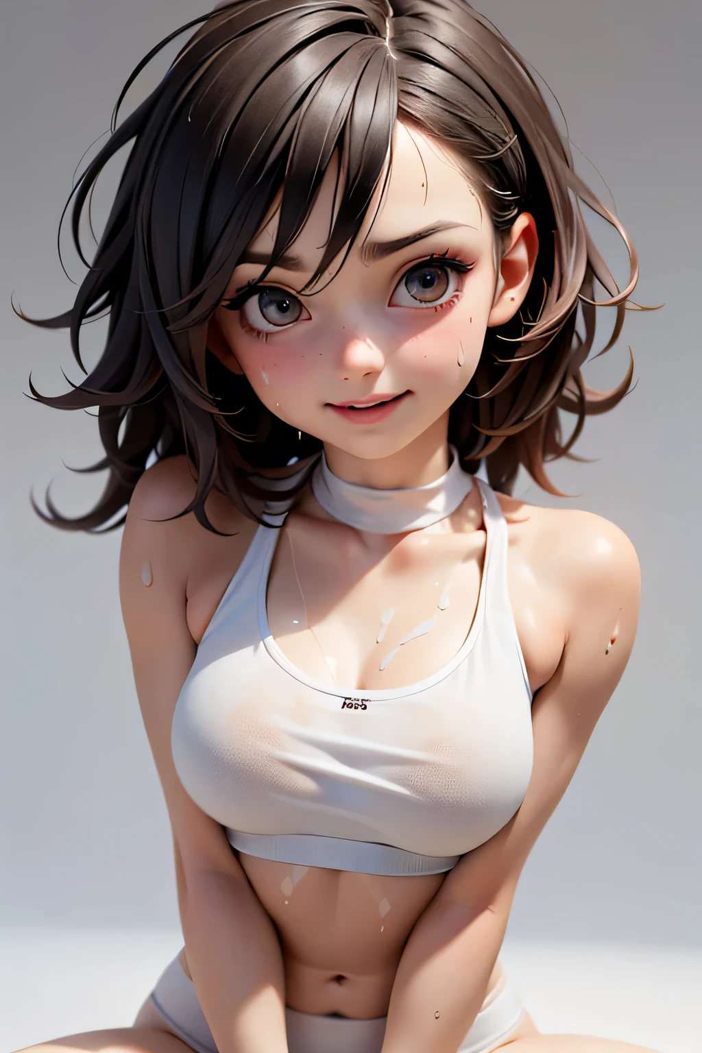 Cute girl . so cute , Round Face . Solitary , Slim , Short stature . Glowing skin . Pure white tube top T-shirt . shorts . Dynamic poses . Dynamic Angle . No background , White background , Looking at the audience修长性感的双腿, Put your hands behind your head((Clear nipples))、Rocket , (Large Breasts),(because I'Thin) , 身材Short stature . Smooth skin . Plain white T-shirt . . Dynamic poses . Dynamic Angle . No background , White background , Looking at the audience