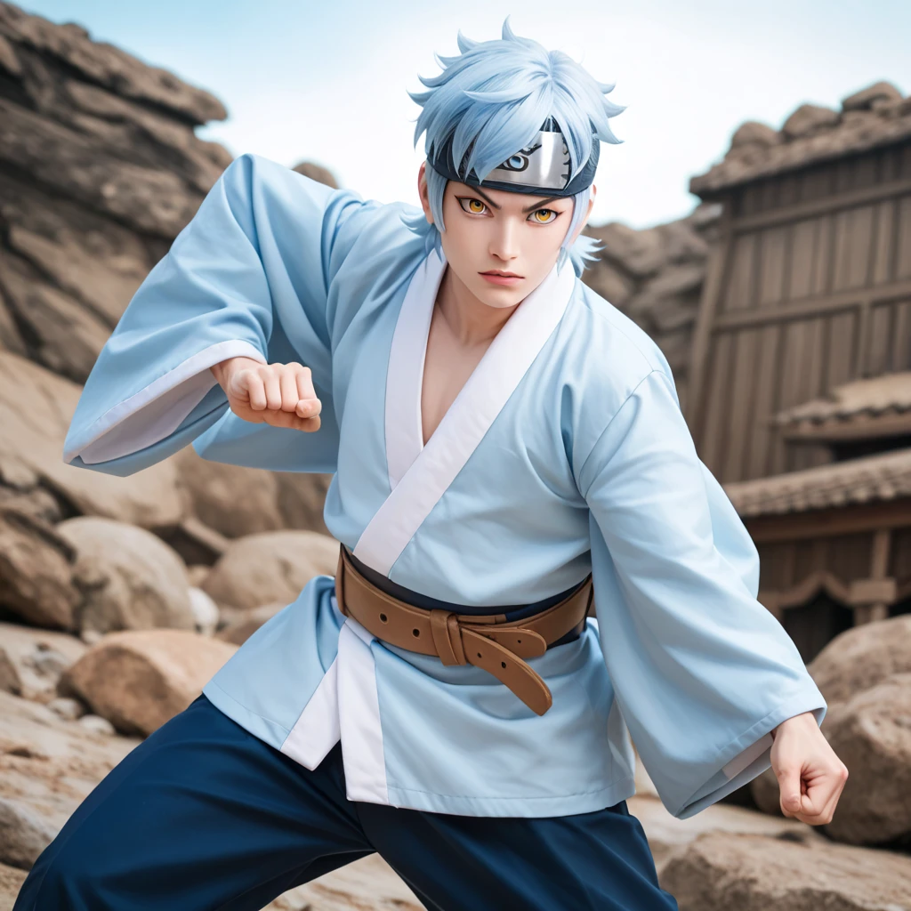 Mitsuki, 1boy, solo, white skin, light blue hair, yellow eyes, kimono blue sky, brown big belt, head protector, dark blue pants, fight pose, cowboy shot, rocks background, white snake in hand