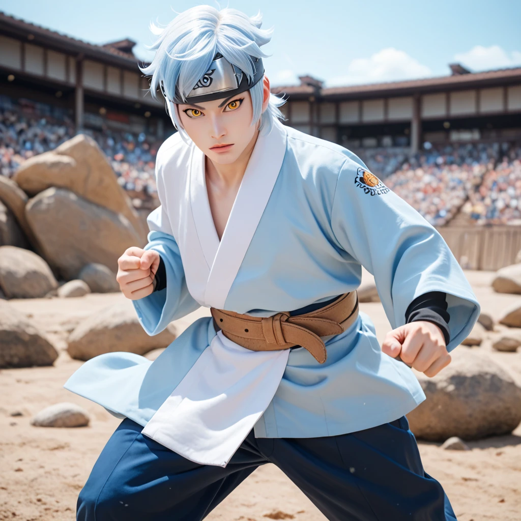 Mitsuki, 1boy, solo, white skin, light blue hair, yellow eyes, kimono blue sky, brown big belt, head protector, dark blue pants, fight pose, cowboy shot, rocks background, white snake in hand