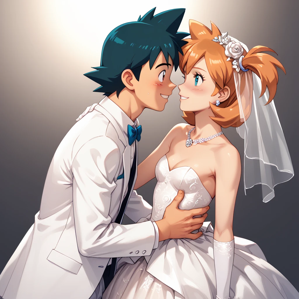 highly detailed, (couple), hetero, (duo focus), highres, 1man, 1woman, BREAK, 1man, ash ketchum, ashxyz, black hair, aged up, handsome boy, good looking boy, white tuxedo, BREAK, 1woman, Misty_G2, small breasts, orange hair, side ponytail, white wedding gown, marriage, wedding, wedding ceremony,