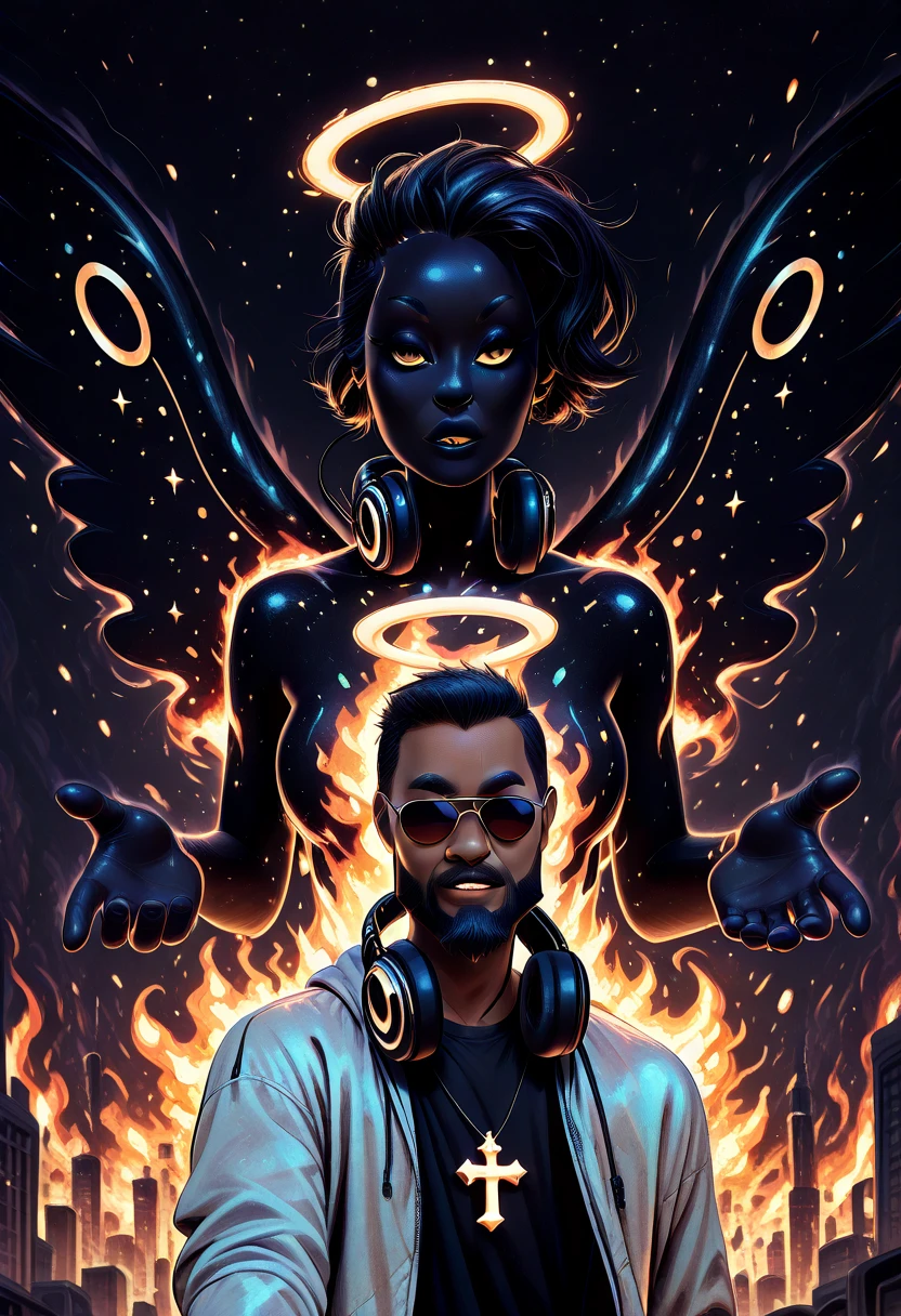 (masterpiece), expressive eyes, perfect face, newest, perfect anatomy, flawless face, 40 year old dark skinned African male, beard, wearing a paperboy hat, wearing dark tinted aviator sunglasses, headphones around his neck, wearing a grey jacket with black t-shirt underneath, wearing a glowing crucifix, wings on his back, halo over his head, looking at viewer, extending his hand towards the viewer, descending from the sky, upper body, in an apocalyptic world, burning city, nv-celestialskin, colored skin, void cosmic body, black skin