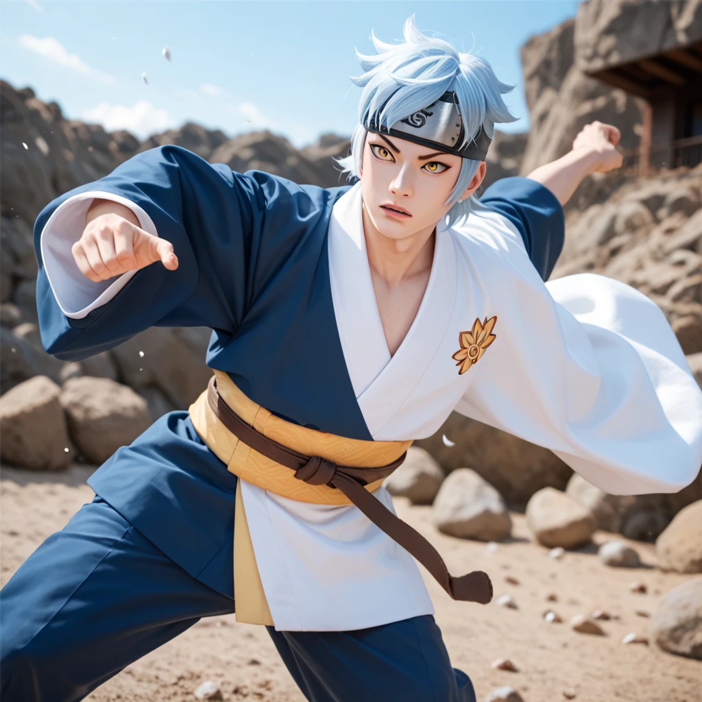 Mitsuki, 1boy, solo, white skin, light blue hair, yellow eyes, kimono blue sky, brown big belt, head protector, dark blue pants, fight pose, cowboy shot, rocks background, white snake in hand