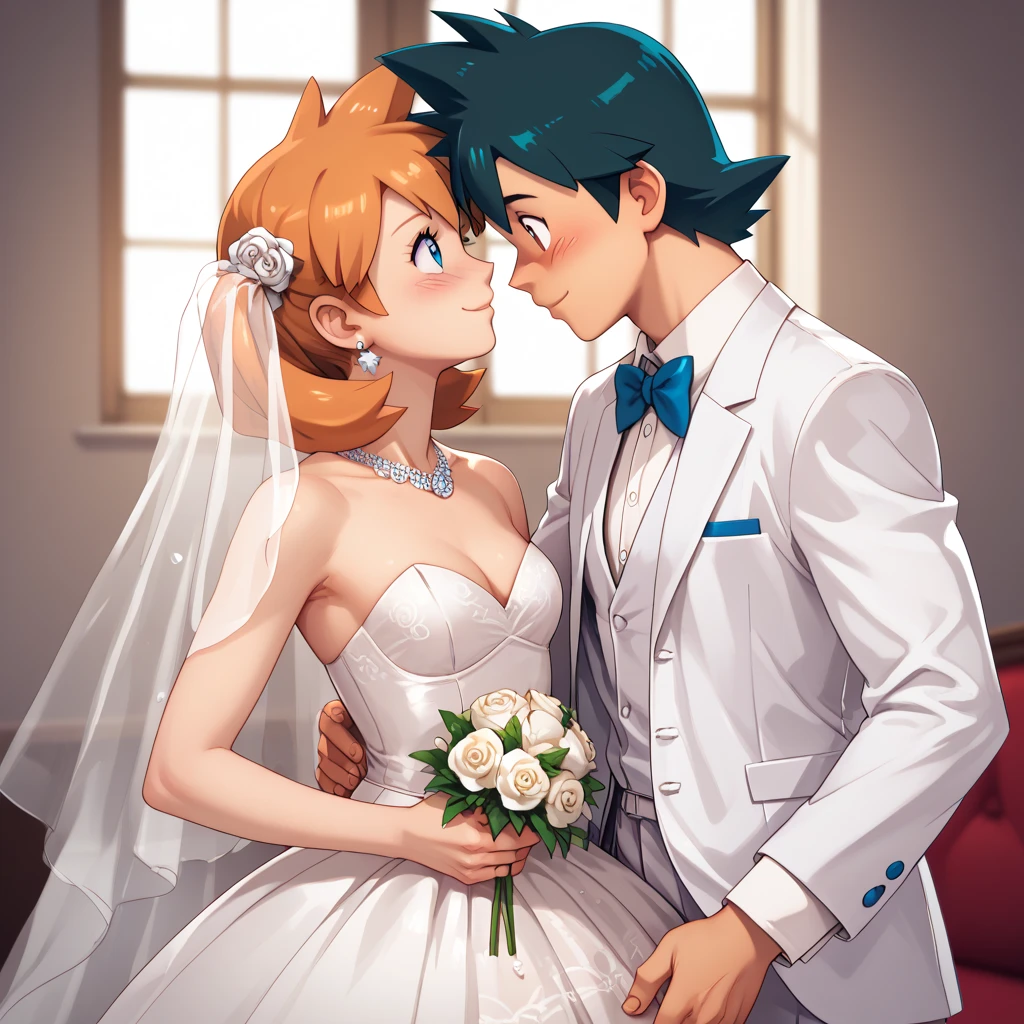 highly detailed, (couple), hetero, (duo focus), highres, 1man, 1woman, BREAK, 1man, ash ketchum, ashxyz, black hair, aged up, handsome boy, good looking boy, white tuxedo, BREAK, 1woman, misty, misty pokemon, small breasts, orange hair, side ponytail, white wedding gown, marriage, wedding, wedding ceremony,