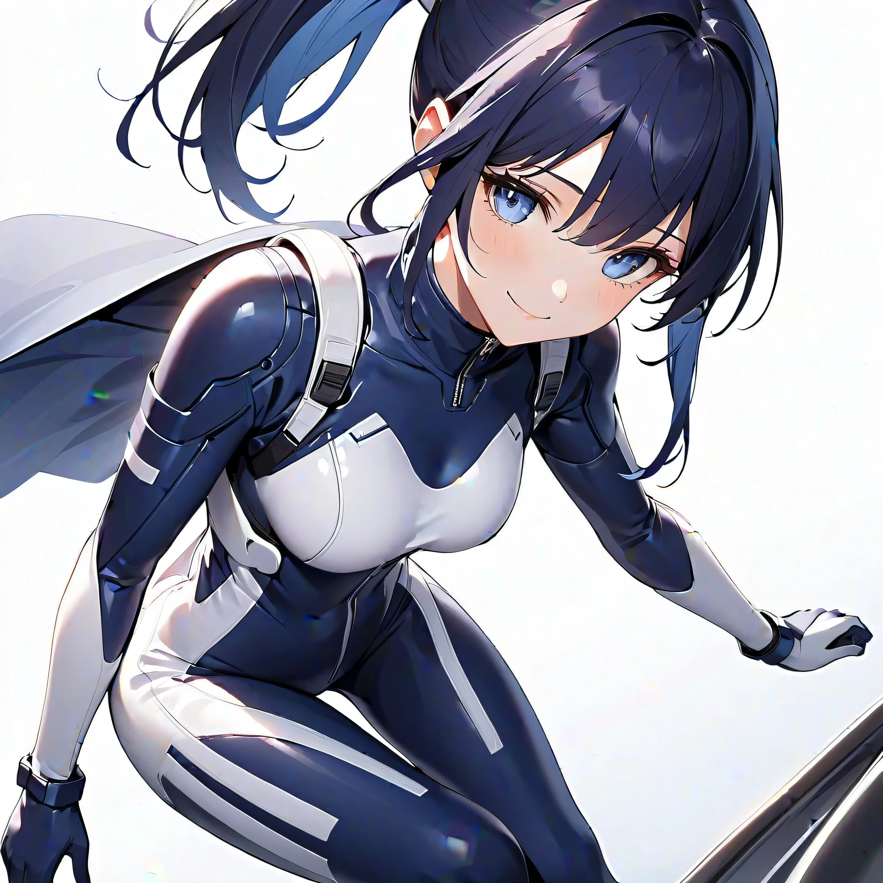 1 girl, short black hair, blue eyes, wearing tight space suit, looking at her left, floating in air, masterpiece, 8k, white background