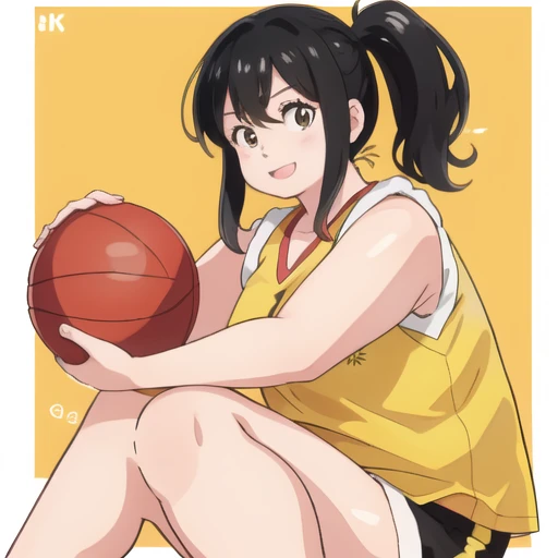 b4sk3t, 1 fat girl," black hair", "yellow shirt", sleeveless, red short shorts, smiling, ball