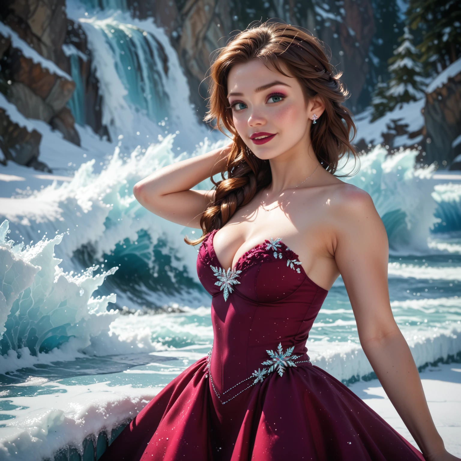 beautiful woman, hyper realistic photographic image of a woman poised on ice with a beautiful long glittering dark garnet colored dress spread out her in a wide circle with frozen waves spraying around her