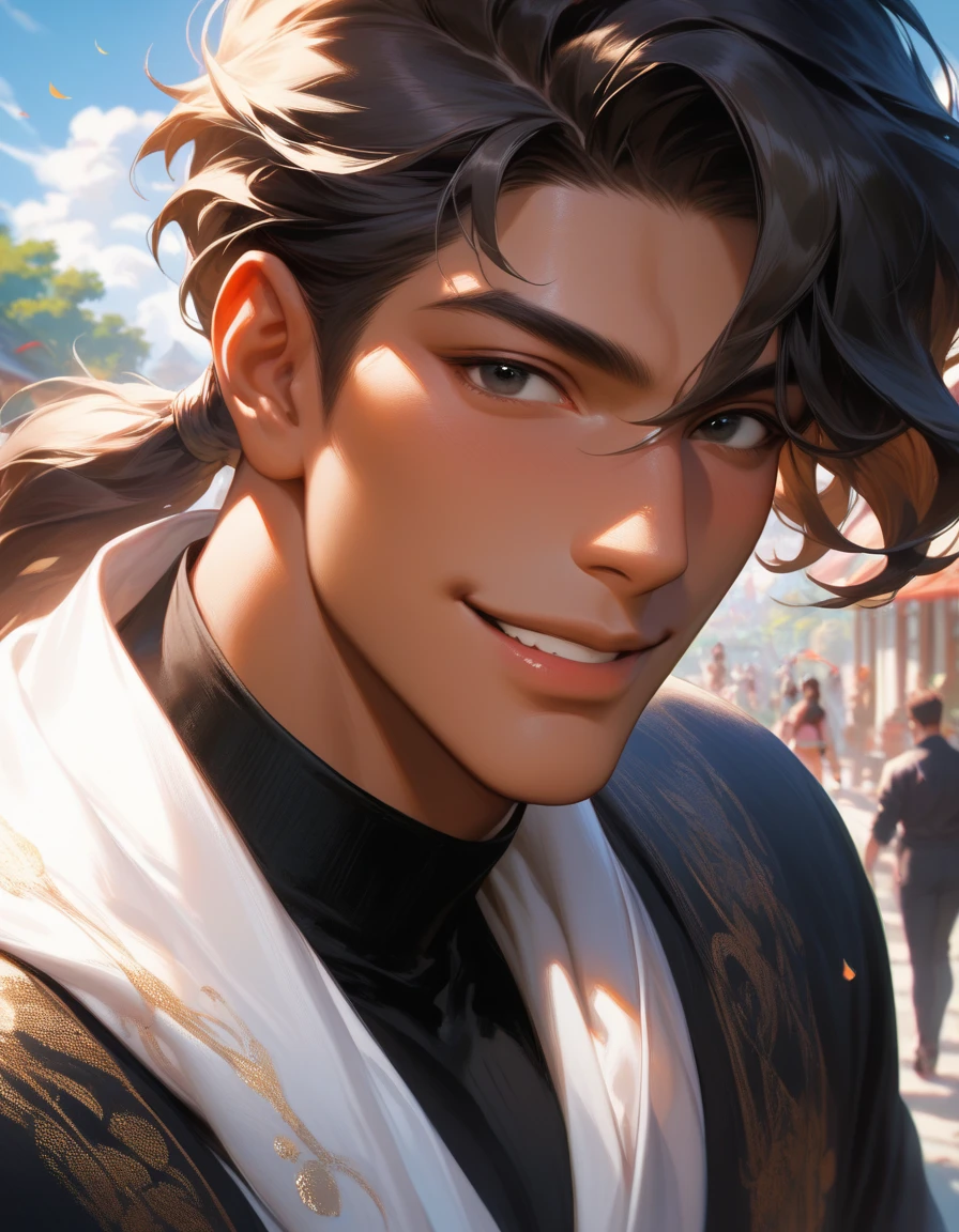 (masterpiece, high resolution, Top quality), unique , 1 male, 29-year-old male , nice, Sexy , tanned skin , dark haired, man's ponytail , black eyes , sly smile , black skin