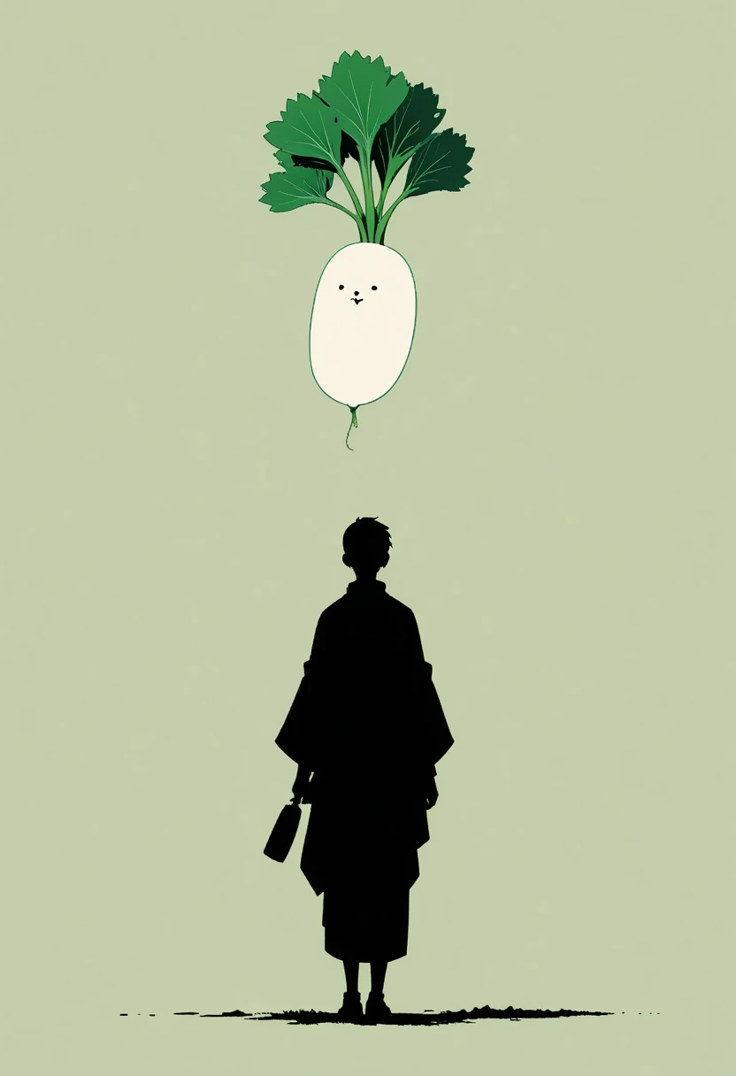  Black Silhouette Art:1.2,  Japanese white daikon , long, Green background