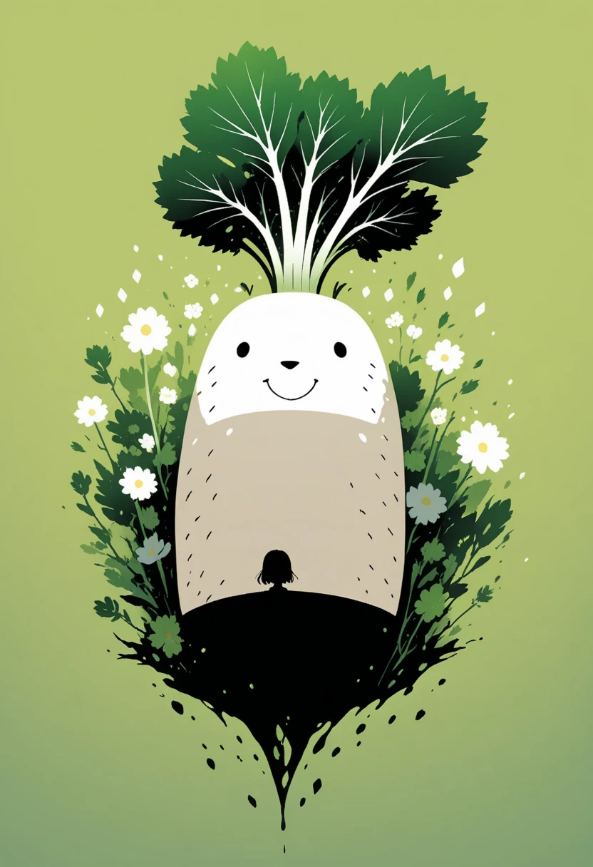  Black Silhouette Art:1.2,  Japanese white daikon , long, Green background