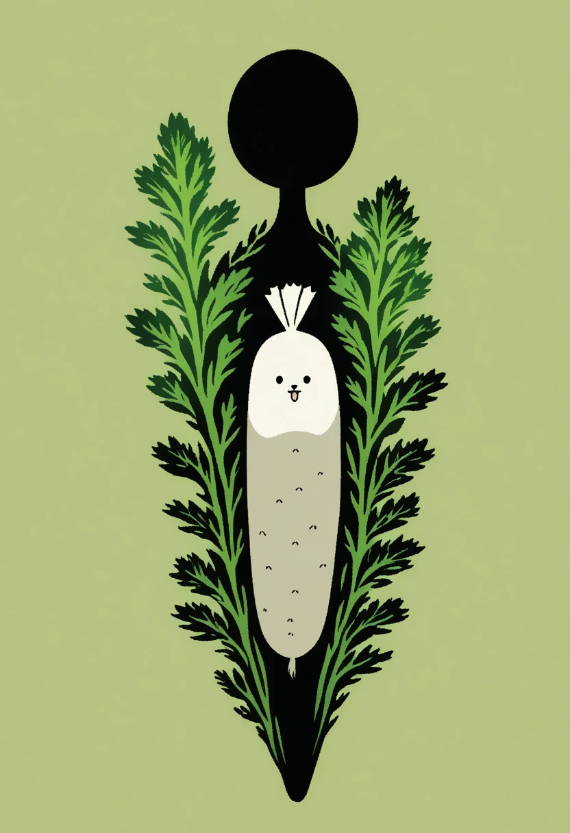  black silhouette art that extends below the waist:1.2,  Japanese white daikon , long, A woman in kimono holding a radish, Stylish, Green background