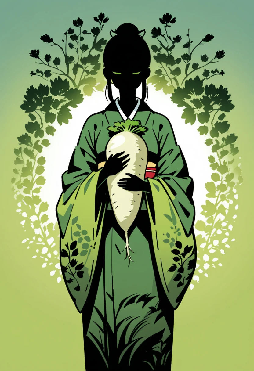  Black Silhouette Art:1.2,  Japanese white daikon , long, A woman in kimono holding a radish, Stylish, Green background