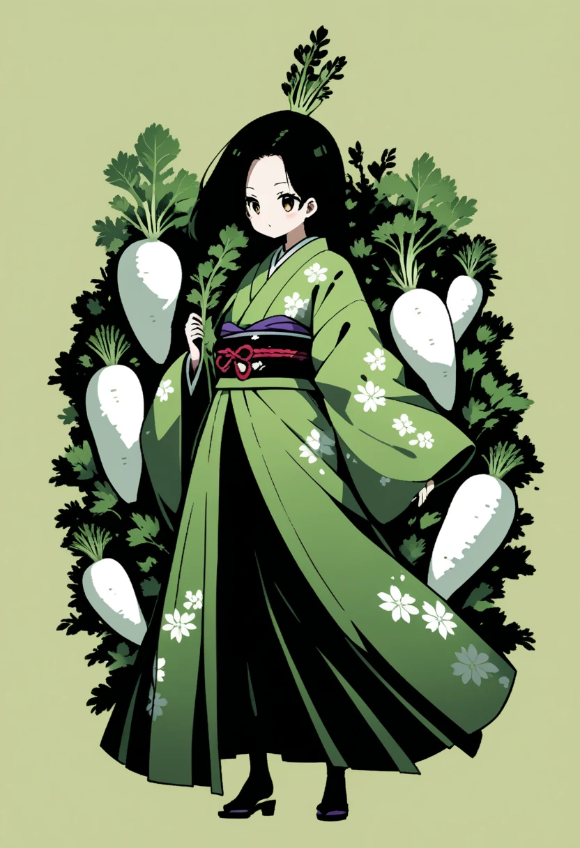  Black Silhouette Art:1.2,  Japanese white daikon , long, A woman in kimono holding a radish, Stylish, Green background