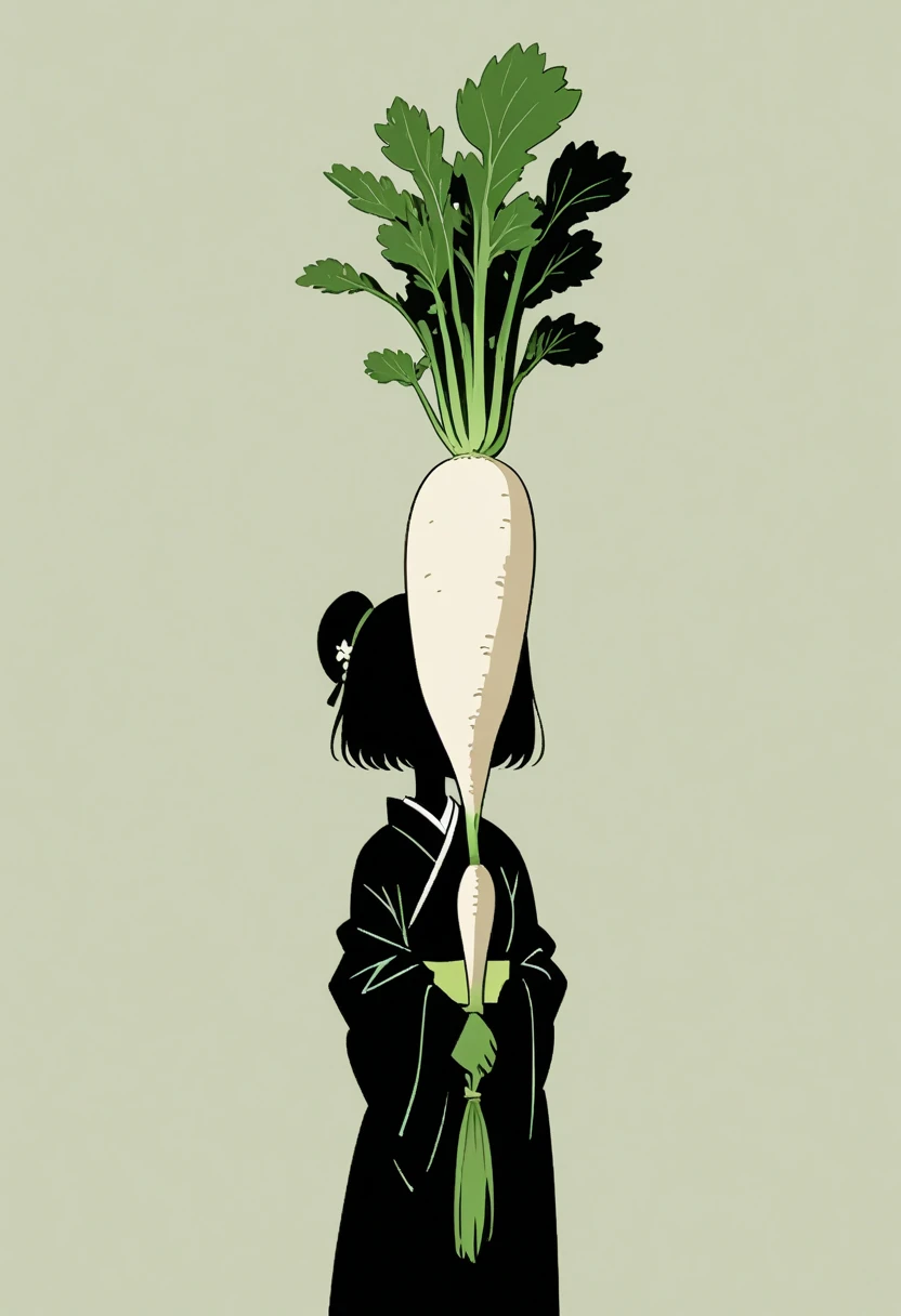  Black Silhouette Art:1.2,  Japanese white daikon , long, A woman in kimono holding a radish, Stylish, Green background