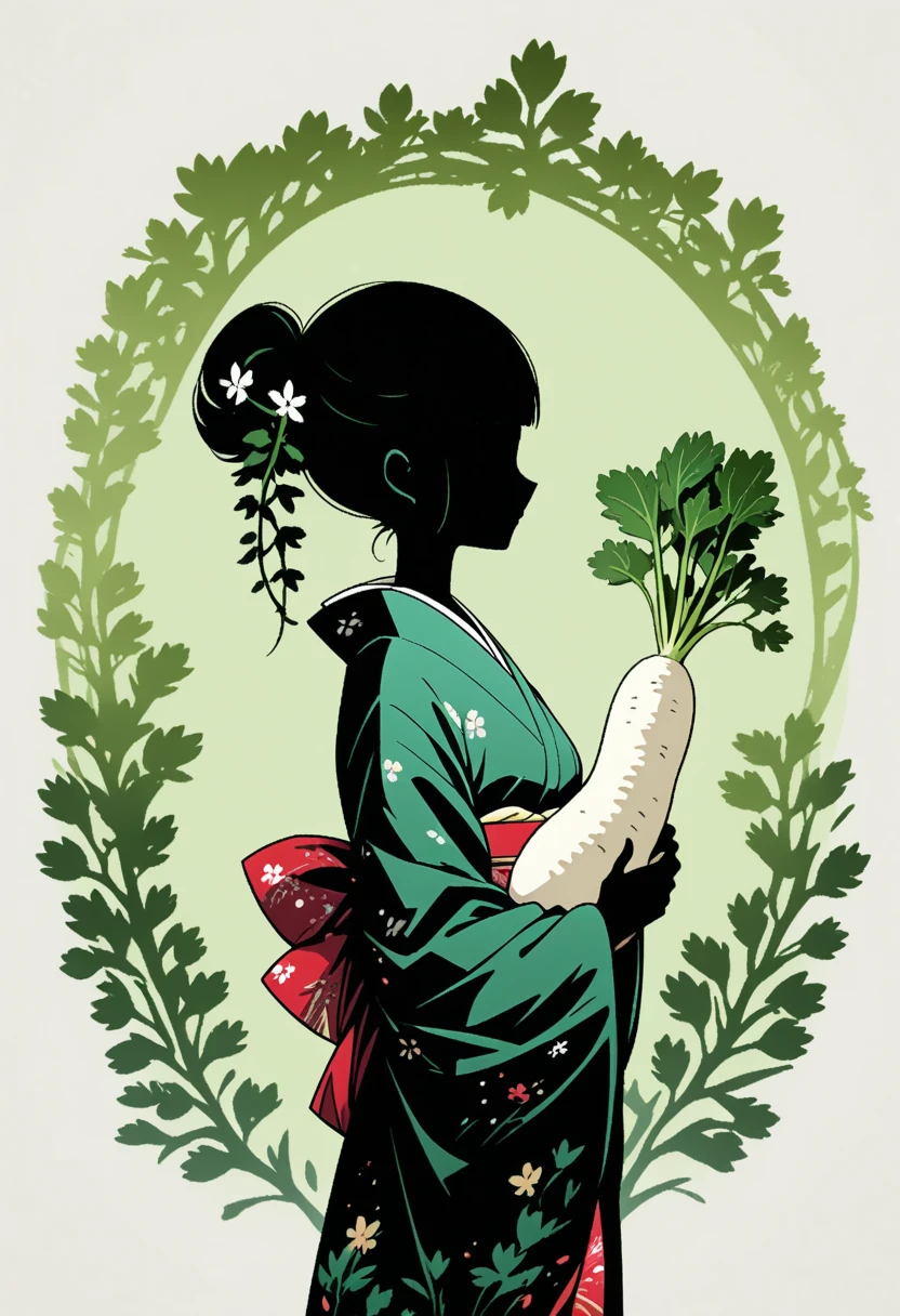  Black Silhouette Art:1.2,  Japanese white daikon , long, A woman in kimono holding a radish, Stylish, Green background