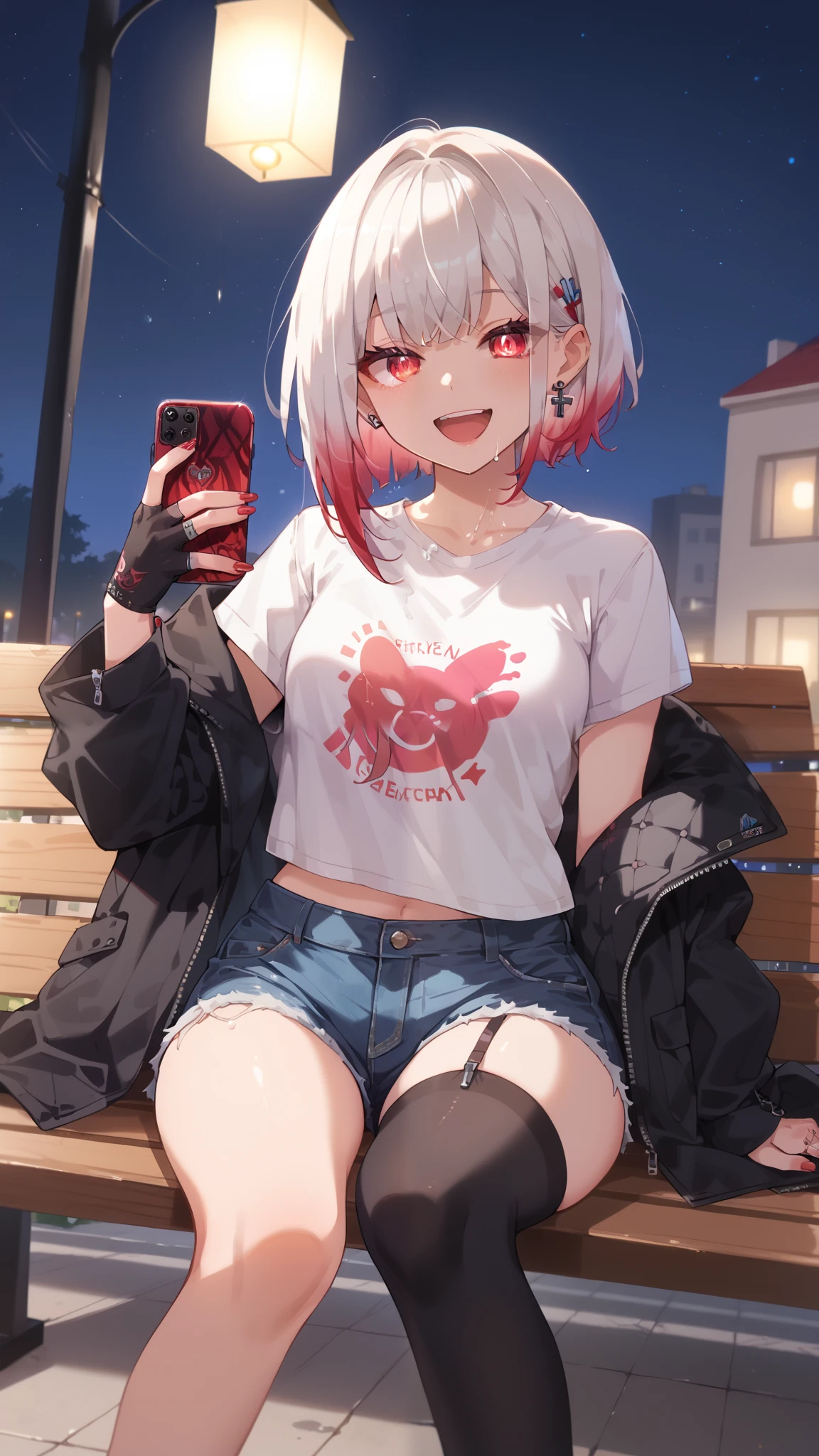 a girl with white hair, laughing, seeing a phone, modern phone, streetwear, modern, denim shorts, street light, night sky, white t-shirt with texts, black fluffy coat, sitting, bench, crimson red eyes, blue ribbon, bangs dye in black, after rain, reflective water, textured hair {straight to minimal waves}, half gloves, glowing eyes, nail polish black, shadow, black tights, 