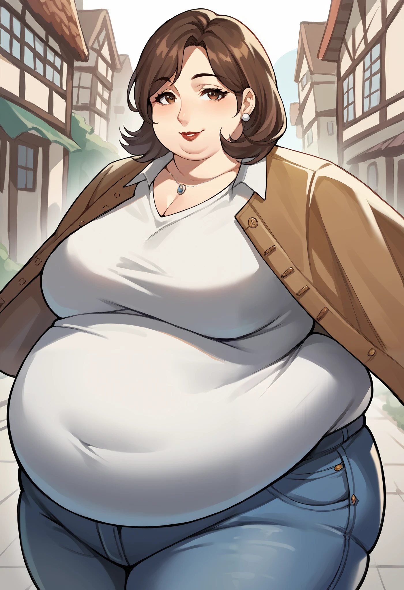 score_9, score_8_up, score_7_up, source_anime BREAK 1girl, solo,  kayop5x, brown hair, medium hair, mature female, lipstick, jacket on shoulders, shirt, jeans, jewelry, cowboy shot, town, looking at viewer, smile, fat, chubby, obese 