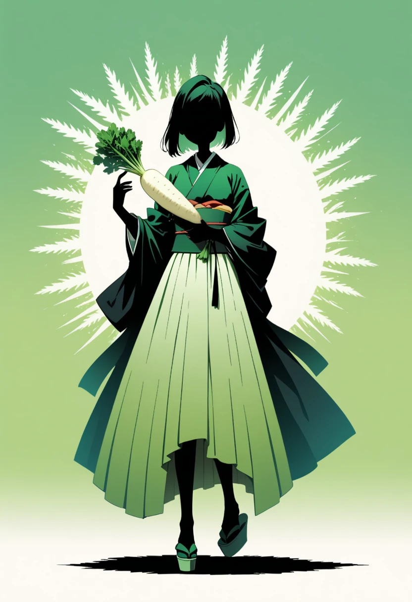  black silhouette art that extends below the waist:1.2,  Japanese white daikon , long, A woman in kimono holding a radish, Stylish, Green background