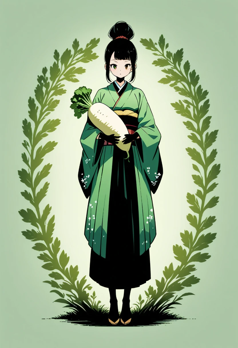  black silhouette art that extends below the waist:1.2,  Japanese white daikon , long, A woman in kimono holding a radish, Stylish, Green background