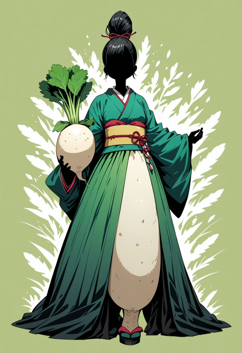  black silhouette art that extends below the waist:1.2,  Japanese white daikon , long, A woman in kimono holding a radish, Stylish, Green background