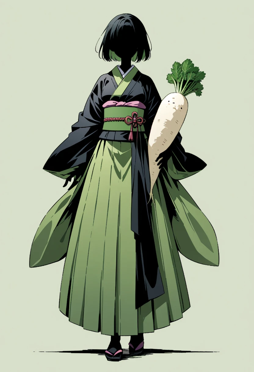  black silhouette art that extends below the waist:1.2,  Japanese white daikon , long, A woman in kimono holding a radish, Stylish, Green background