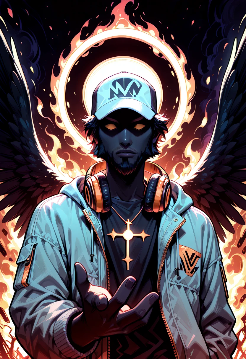 (masterpiece), expressive eyes, perfect face, newest, perfect anatomy, flawless face, 40 year old dark skinned African male, beard, wearing a paperboy hat, wearing dark tinted aviator sunglasses, headphones around his neck, wearing a grey jacket with black t-shirt underneath, wearing a glowing crucifix, wings on his back, halo over his head, looking at viewer, extending his hand towards the viewer, descending from the sky, upper body, in an apocalyptic world, burning city, nv-celestialskin, colored skin, void cosmic body, black skin