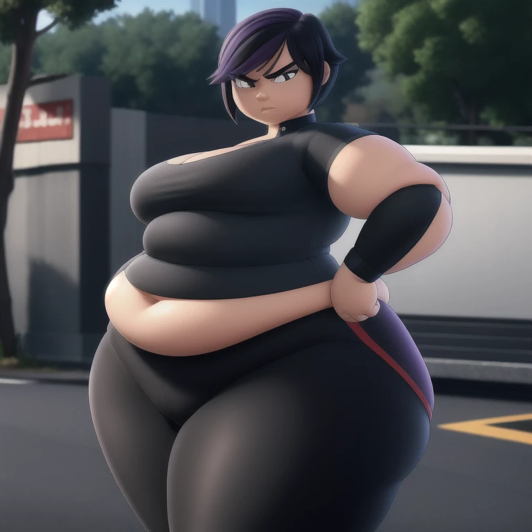 ((Masterpiece)), ((Best Quality)), (Detailed face:1.2), (Detailed eyes:1.2), (Detailed pupils:1.2), Ultra High Resolution, HDR, absurderes, 8K, intricate details, ultra-detailed, dramatic lighting, (solo, 1 fat girl:1.02), Gogo_Tomago, short hair, black hair, jewelry, jacket, lo purple hair, shorts, bracelet, makeup, casual, cropped jacket, leggings, sleeves pushed up, capri pants, black leggings, cowboy shot, brown eyes, looking at the viewer, medium breasts,outdoors,city, body plus, big ass, ssbbw
