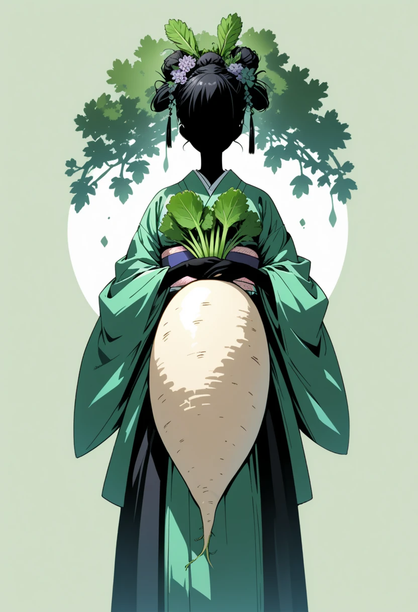  black silhouette art that extends below the waist:1.2,  Japanese white daikon , long, A woman in kimono holding a radish, Stylish, Green background