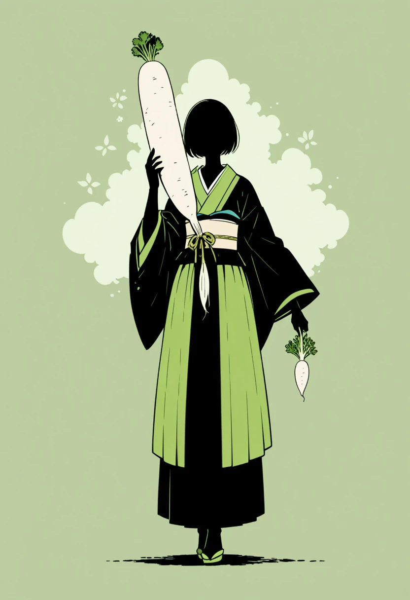  black silhouette art that extends below the waist:1.2,  Japanese white daikon , long, A woman in kimono holding a radish, Stylish, Green background