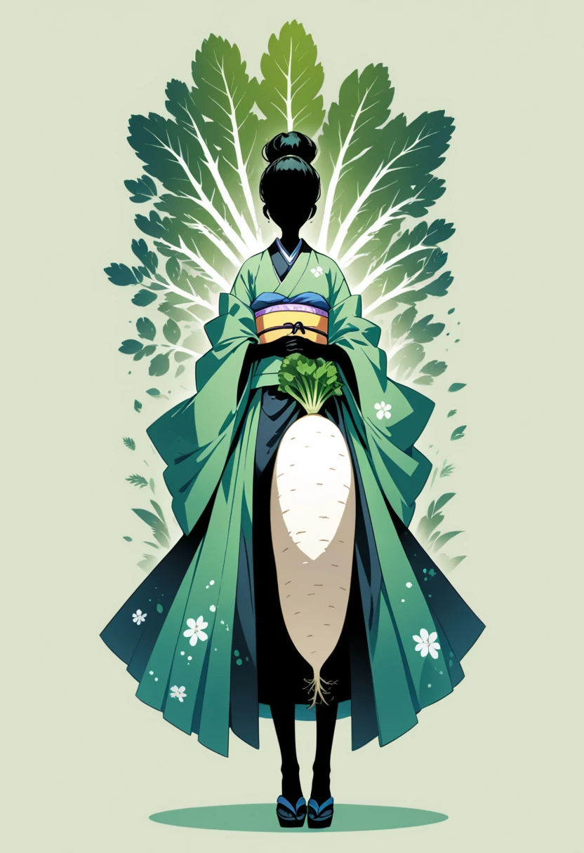  black silhouette art that extends below the waist:1.2,  Japanese white daikon , long, A woman in kimono holding a radish, Stylish, Green background