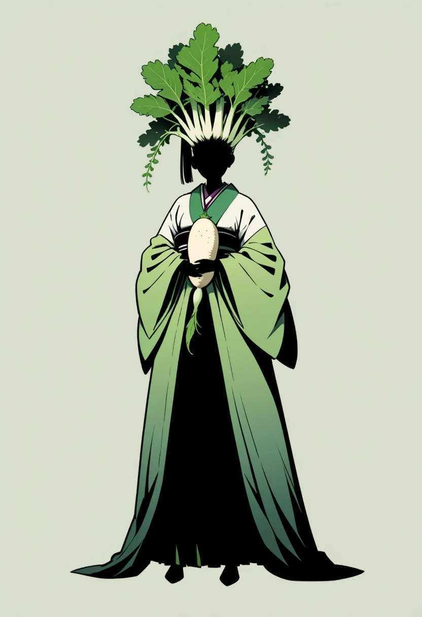  black silhouette art that extends below the waist:1.2,  Japanese white daikon , long, A woman in kimono holding a radish, Stylish, Green background