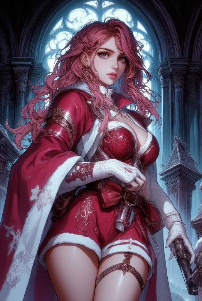 ( Masterpiece,  Best Quality ), 1 girl,2d,Aira Shiratori, beautiful face,( long red hair),( pink hair)( pink hair corto),( pink eyes skin),pesones with cold , HIGH QUALITY,ultra detailed ,coming out of a huge gift box , long hair, Big Tits, big thighs, very large hips ,bra with extremely detailed ,Christmas thigh-length mini skirt..
