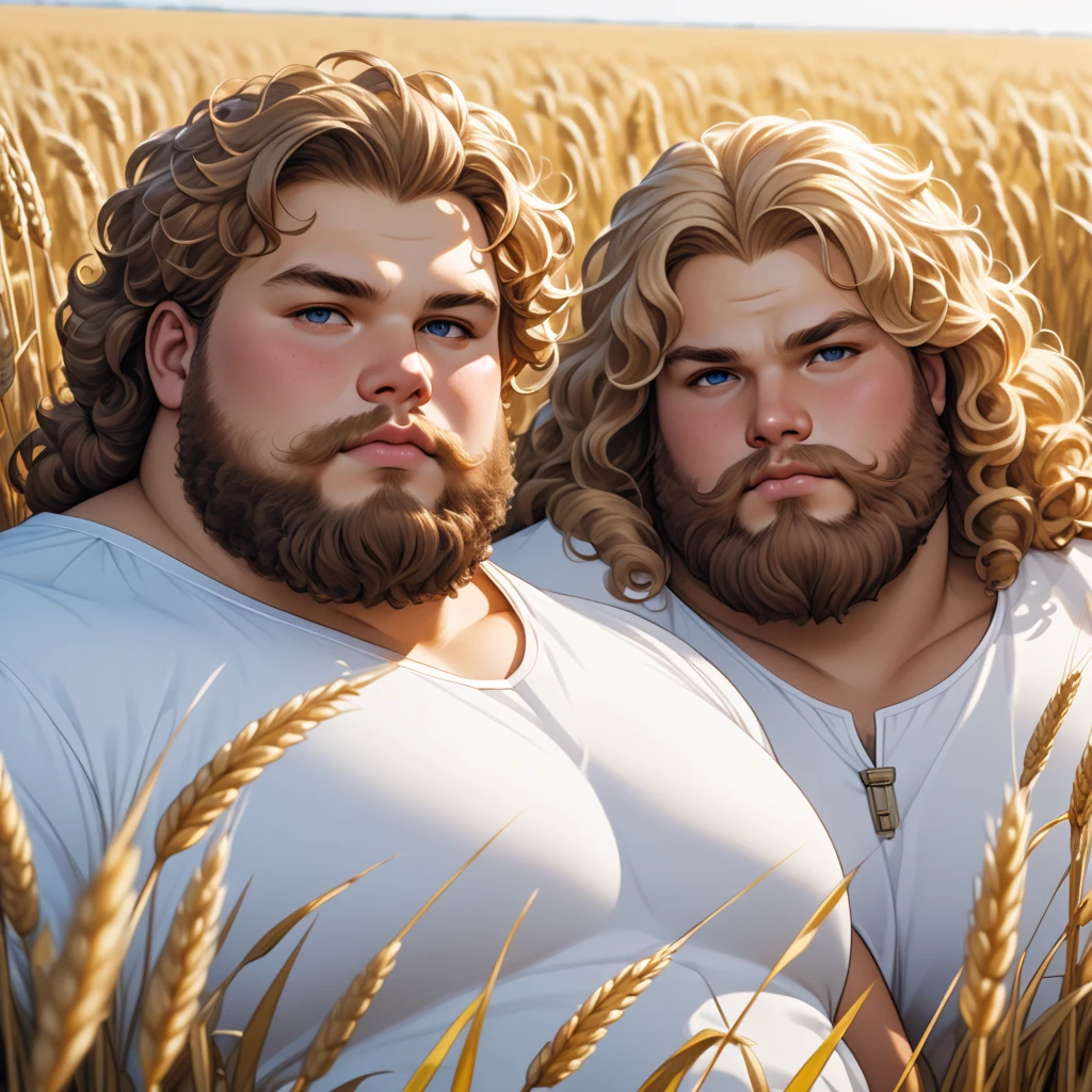 Two bigger , obese , dense Russian heroes lie in a wheat field .  Both heroes are young , they are 22 years old .  Both are big , large, round faces ,  with masculine and kind features .  Both have light golden curly hair and a lush curly beard.  Both are very large ,  weighing more than 140 kilograms . Both are wearing only white pants,  The rest of his body is naked .  front view, close up.