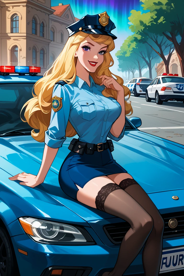 score_9, score_8_up, score_7_up, score_6_up, rating_safe, 1girl, BREAK Disney princess Aurora ,1girl, solo, blonde loose and long hair, thin face, purple eyes, red lips, smiling, fair skin, ((Princess aurora sitting on the trunk of a patrol car, wearing a sexy police-woman outfit, police cap, stockings, no shoes, issuing traffic fines and tickets ))slim body, medium-big breasts, naughty face, (Aurora's face exactly as original Disney character),