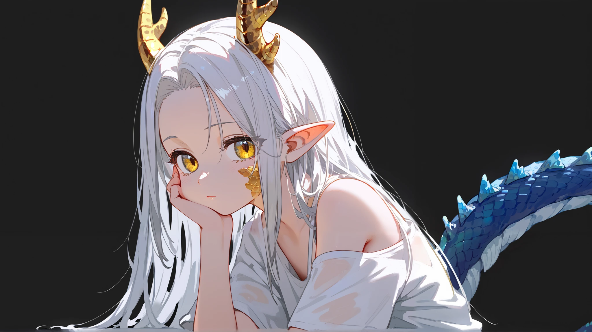 1girl, solo, long hair, white hair, parted bangs, short bangs, forehead, yellow eyes, dragon girl, golden dragon horns, dragon tail, white dragon tail, pointy ears, golden scales on cheek, wearing a white shirt, oversized shirt, bare shoulder, bottomless, arms on sides, upper body, black background, simple background, masterpiece, best quality, score_9, score_8_up, score_7_up, score_6_up