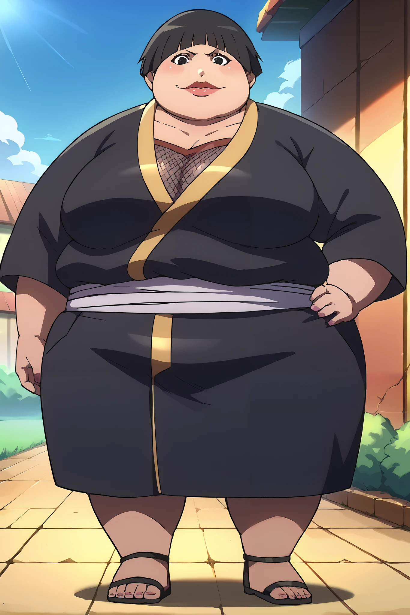 score_9, score_8_up, score_7_up, score_6_up, source_anime BREAK 1girl, solo, shizune, black hair, black eyes, black kimono, (big breasts:0.6), looking at you, hand on hip, light smile, blue sky, tre, fat, chubby, obese, big lips, gigantic arms and legs, full body shot , Phyrne Jameel