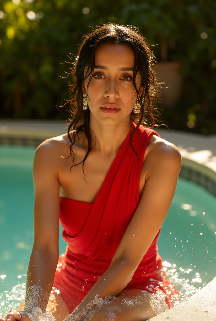 Shardha kapoor red saree without blouse half naked in swimming pool boobs showing, naked play with water walpaper look cinematic 