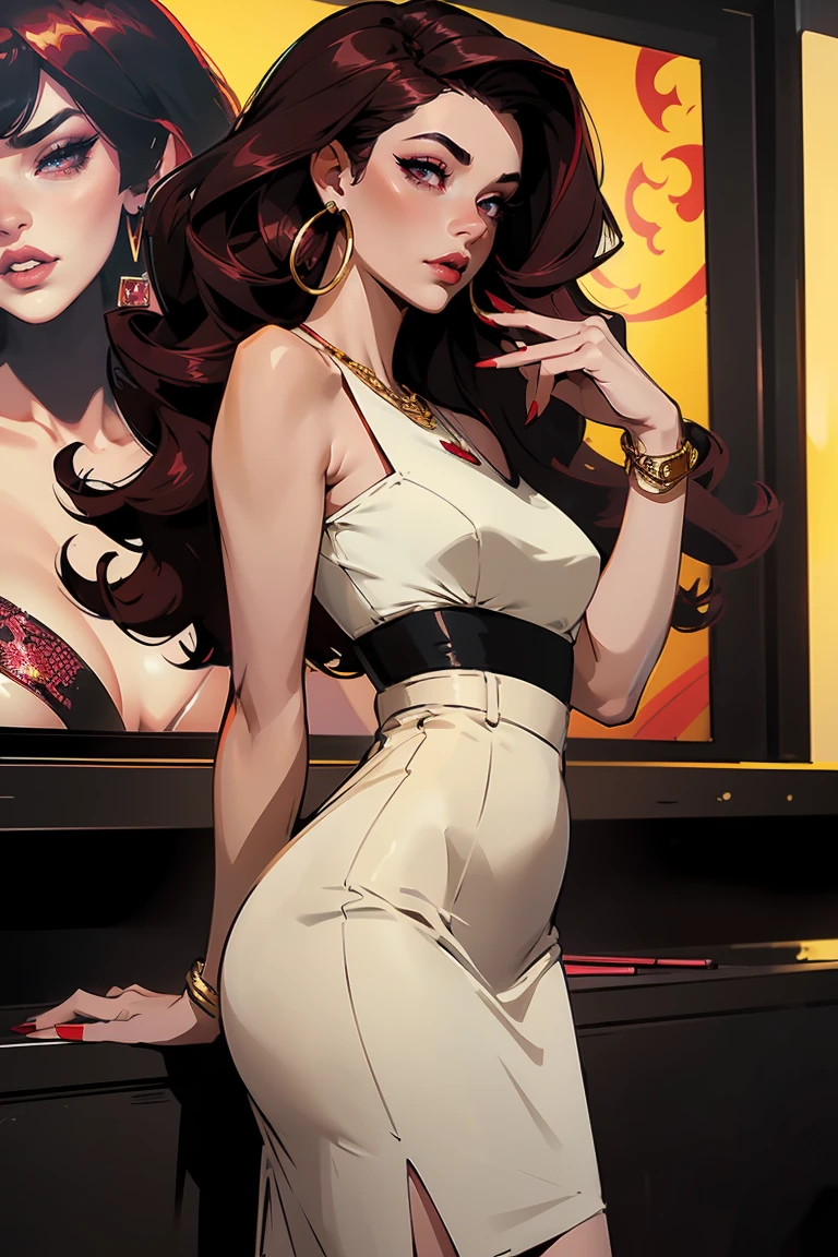Goddess ((goddess-like woman)), slim, elegant silhouette, masterpiece, (close angle), best quality, pale skin, fair skin, sweet face, (masterpiece: 1.2, best quality), (real image, intricate details), (1 lady, solo, medium tits, small waist, ), ((Miss Fortune/LOL)), beautiful face, kissable lips, long hair, burgundy hair, wavy burgundy hair, curly burgundy hair, (BURGUNDY HAIR), makeup, lipstick, perfect makeup, realistic face, detailed red eyes, (red eyes) bright red eyes, eyelashes, mouth slightly open, she has an impressive presence, gold bracelet, gold hoop earrings, withe jewelry , beautiful face, beautiful eyes, she is wearing a black Cut Out Straps Dresses, Black over-the-knee boots, sweet irresistible smile, elegant pose, elegant hands, beautiful hands, perfect fingers, background: Airport, waiting for check-in, she is standing in a large room with a large window with a view of the runway