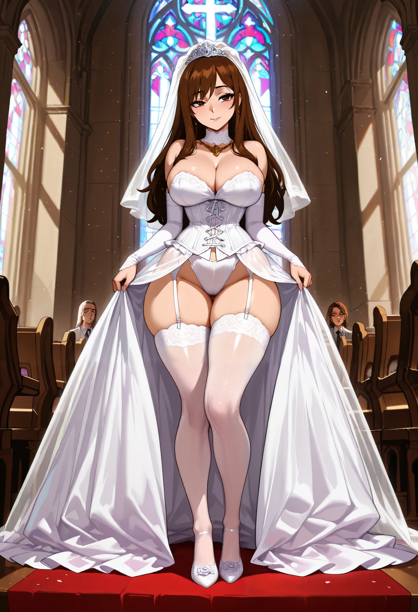 high quality, 8k, 4k,HD, high contrast, artwork, high quality, better aesthetics, A young woman in church, (corset blanco de boda), religion, open neckline, (sexy wedding dress), long brown hair, Brown eyes, Erotic, sensual, perfect wide thighs, Wide hips, big butt, seductive anime girl, milf, madura realist, sonrojada, verguenza, (church background), (head on), facial expression of displeasure, soft anime cg art, ecchi, angulo dinamico, pantyhose, open legs, confesionario, curvilinea, cuerpo completo, sexy pose,