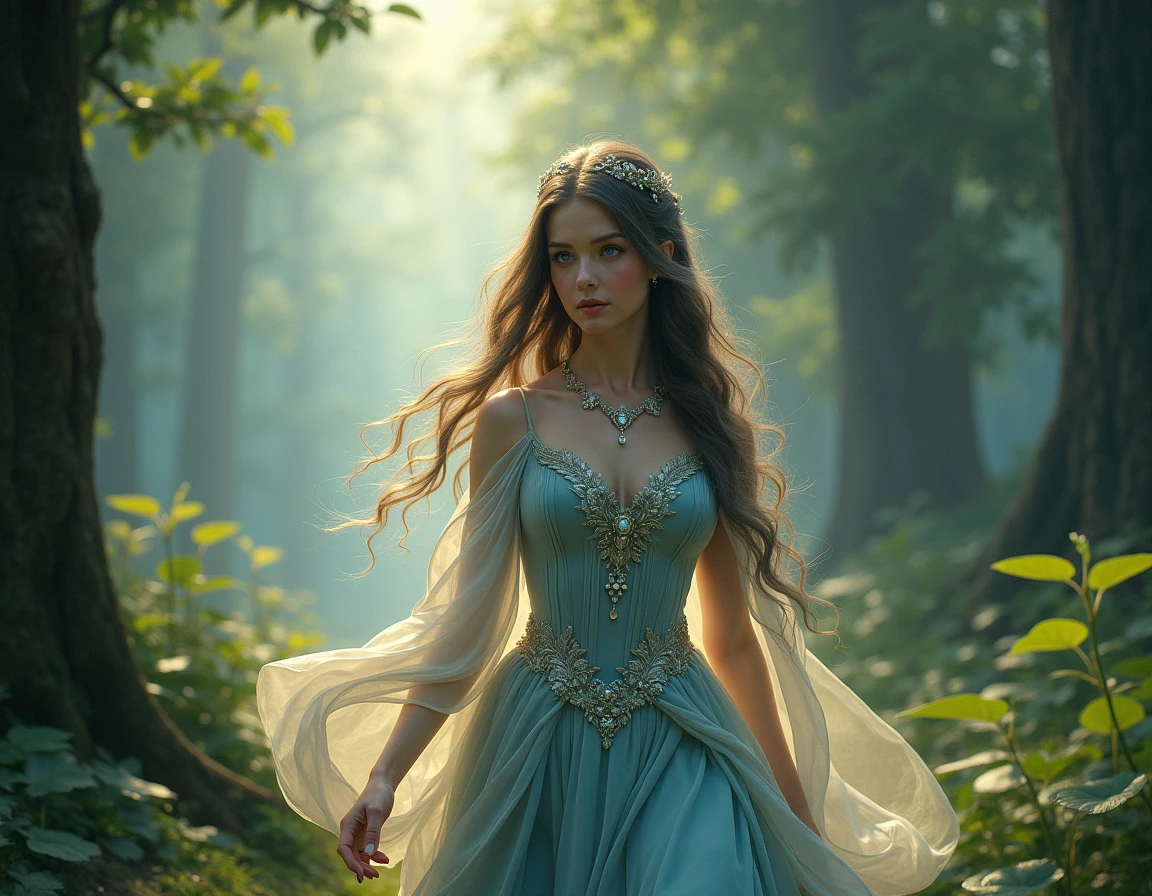 Create an image of a beautiful elf in an enchanted forest setting. She should have delicate, graceful features, pointed ears and long, elegant hair. She should wear elegant, light clothing in harmony with nature, such as a dress made of leaves or flowers. She may have accessories such as a bow and arrow or a magic wand. The image should exude an aura of mystery and beauty..,