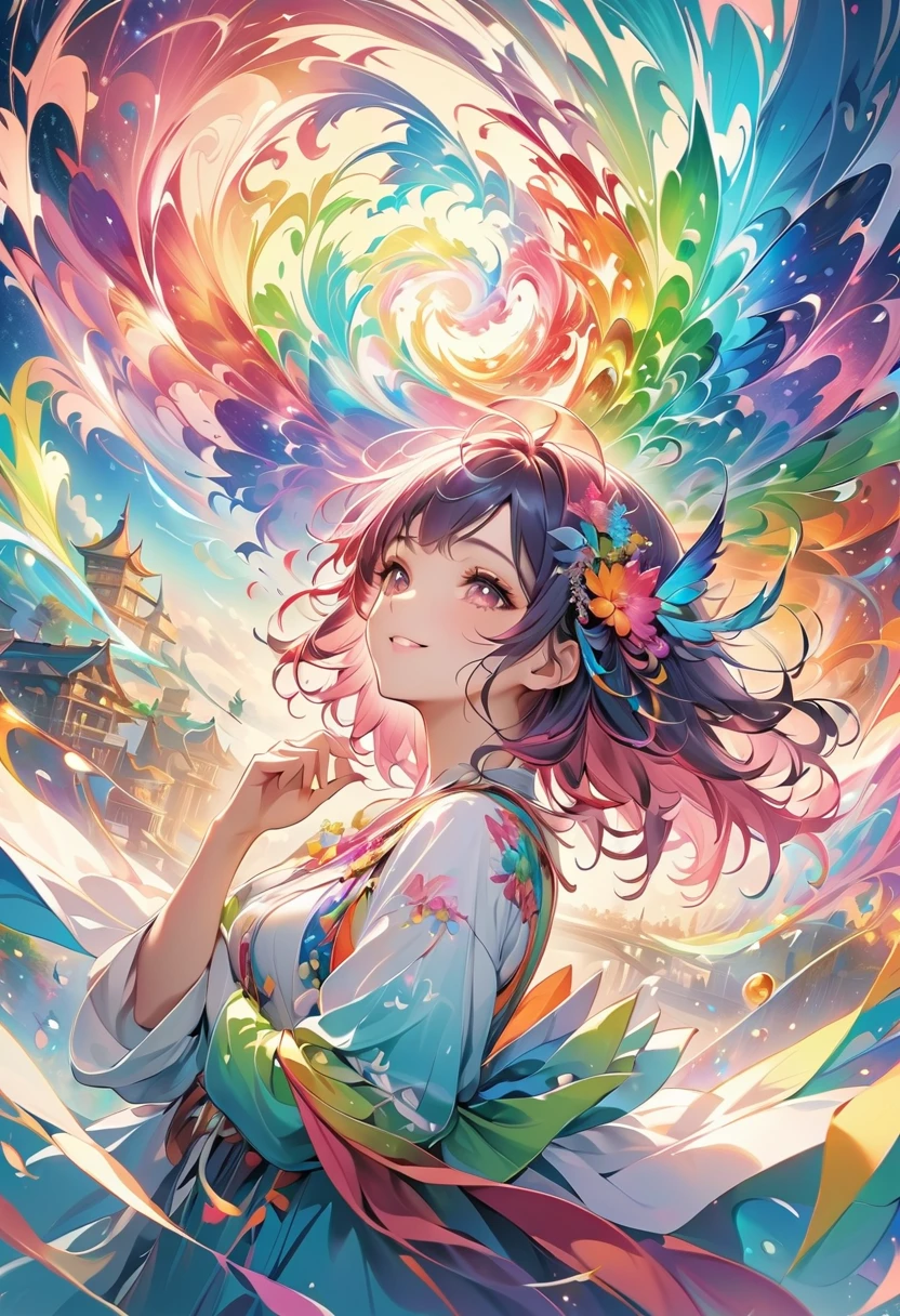 (masterpiece,  top quality,  Official Art :1.2), ( colorful ),  Perfect ,   watching the audience, One Girl , Alone, White background, floating  colorful  water,   Ultra Fine Illustration ,  detailed ,  dynamic angles ,  beautiful details , 8k, 壊す smiling amidst the  colorful  scenes, ( high definition ),  anime style, ( fractal art :1.1),  pastel color