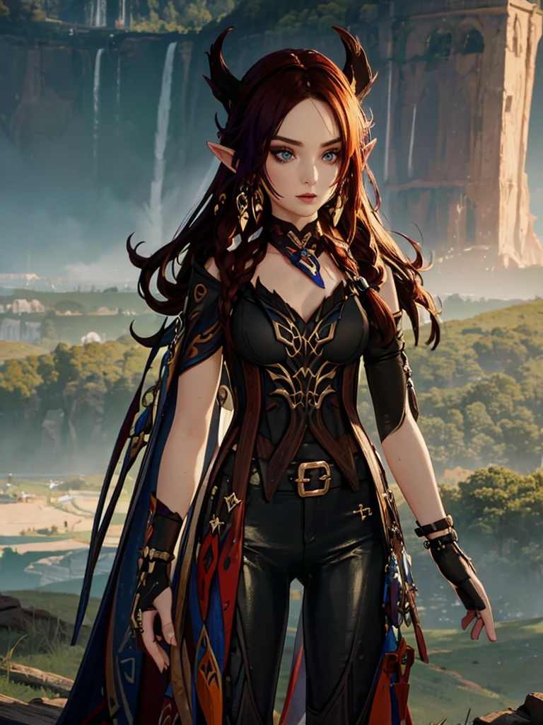 A tall woman in realistic portrait of high quality and detail, european, Chasca (Genshin Impact), long elf ears, 30yo, perfect face, athletic body, Dark red hair reaching to the middle of the back, and bright blue eyes. The bangs have a purple tint at the tips and completely cover the left eye. If you look closely, you will notice a small pigtail on the right side of the head. a short sleeveless top with a cutout at the bottom, black leggings of different lengths, high-heeled boots and a red scarf around the neck. Her image is completed by a brown belt with a massive buckle, a hat with feathers, a gold earring in her right ear and fingerless gloves, pointed ears. 2000's Fantasy Movie style, dark fantasy style, dark atmosphere, melancholic dramatic look, beautiful pink makeup, glow, eye shadow, 1girl, Depth & Perspective, fine face, She stands on the stone, outdoors, waterfall on background, day time, looking at viewer, Shiny Skin NSFW, (ultra-high detail:1.2), Masterpiece, Best Quality, Ultra-detailed, Cinematic lighting, 8K, delicate features, cinematic, 35 mm lens, f/1.9, highlight lighting, global lighting –uplight –v 4, cinematic, Cinematic lighting, 8K, high quality, Highest Quality, (Solo Focus), (extremly intricate:1.3), (Realistic), masterful, Analog style, (Film grain:1.5), (cold tone)