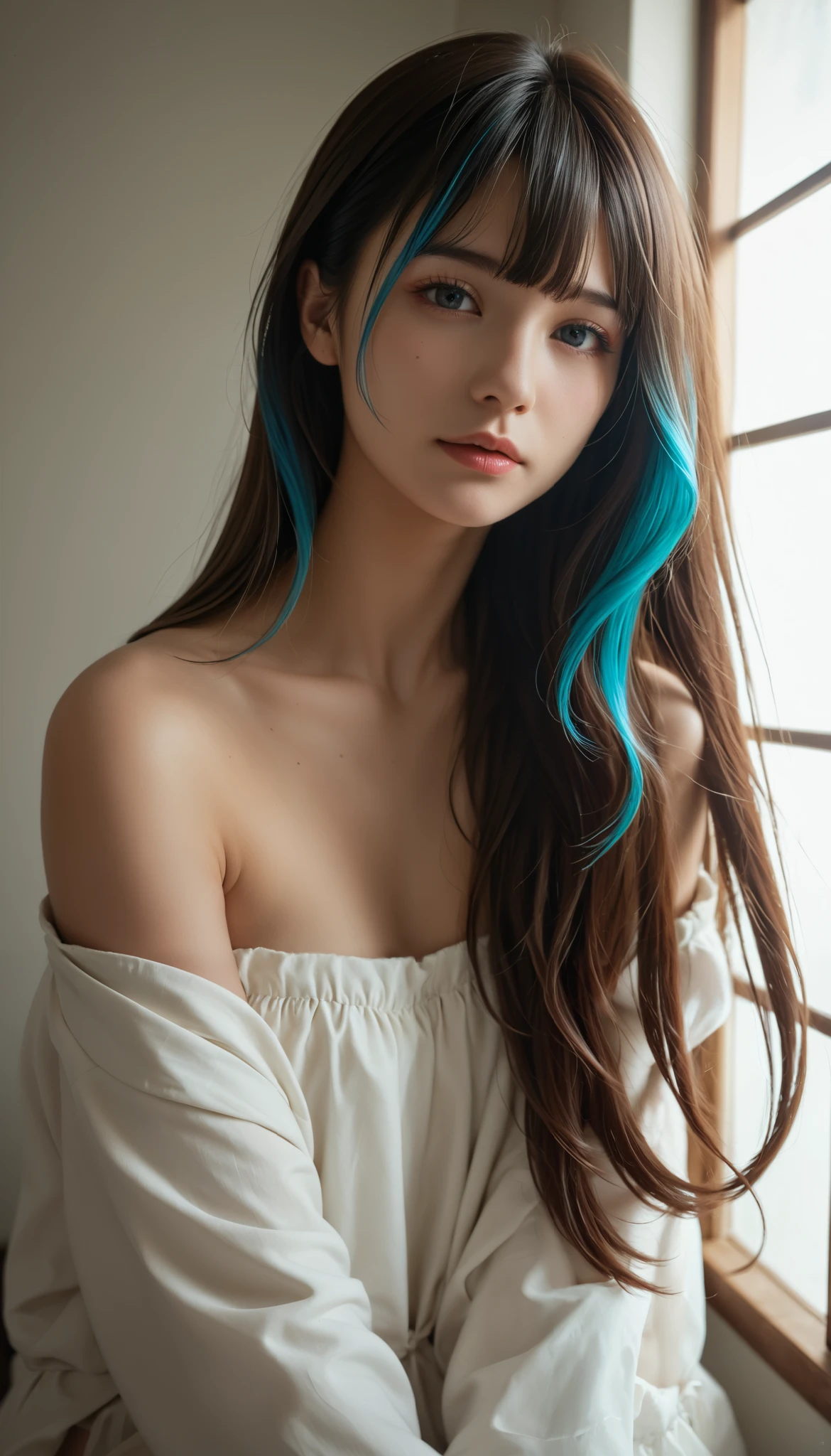 ( top quality, masterpiece:1.2, Ultra A High Resolution, realistic :1.5), RAW photos , Japanese、One Japanese girl, very cute、r、 off shoulder , in the dark , Deep Shadow, Low Key Lighting, Cool tones, seductive gaze , straight long hair、very beautiful long hair、bangs, Misty Atmosphere, mystical atmosphere, Subtle Highlights , Dramatic Contrast, elegant poses , Intense emotions, celestial beauty, Fascinating Darkness, seductive expression