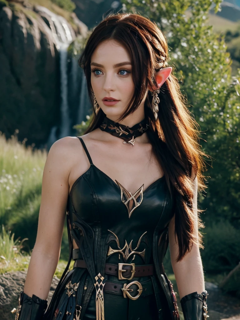 A tall woman in realistic portrait of high quality and detail, european, Chasca (Genshin Impact), long elf ears, 30yo, perfect face, athletic body, Dark red hair reaching to the middle of the back, and bright blue eyes. The bangs have a purple tint at the tips and completely cover the left eye. If you look closely, you will notice a small pigtail on the right side of the head. a short sleeveless top with a cutout at the bottom, black leggings of different lengths, high-heeled boots and a red scarf around the neck. Her image is completed by a brown belt with a massive buckle, a hat with feathers, a gold earring in her right ear and fingerless gloves, pointed ears. 2000's Fantasy Movie style, dark fantasy style, dark atmosphere, melancholic dramatic look, beautiful pink makeup, glow, eye shadow, 1girl, Depth & Perspective, fine face, She stands on the stone, outdoors, waterfall on background, day time, looking at viewer, Shiny Skin NSFW, (ultra-high detail:1.2), Masterpiece, Best Quality, Ultra-detailed, Cinematic lighting, 8K, delicate features, cinematic, 35 mm lens, f/1.9, highlight lighting, global lighting –uplight –v 4, cinematic, Cinematic lighting, 8K, high quality, Highest Quality, (Solo Focus), (extremly intricate:1.3), (Realistic), masterful, Analog style, (Film grain:1.5), (cold tone)