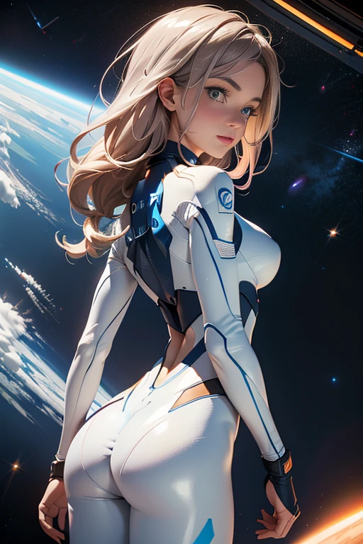 rear view, backside view, turning away, sandy hair, eyes are blue, fit body large breasts slender thighs slender waist pilot suit solo looking away from viewer, in space, long hair, blushing, determination, 8k, extreme detail,