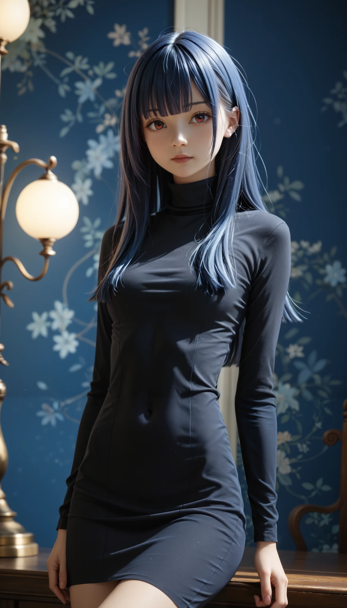 top quality、 Masterpiece、 Perfect Anatomy、 black dress、 turtleneck 、 (((-yeld gi slim, short long hair 、bangs)))、 smaller breasts、indigo background 、 smudging indigo 、 blurry background
