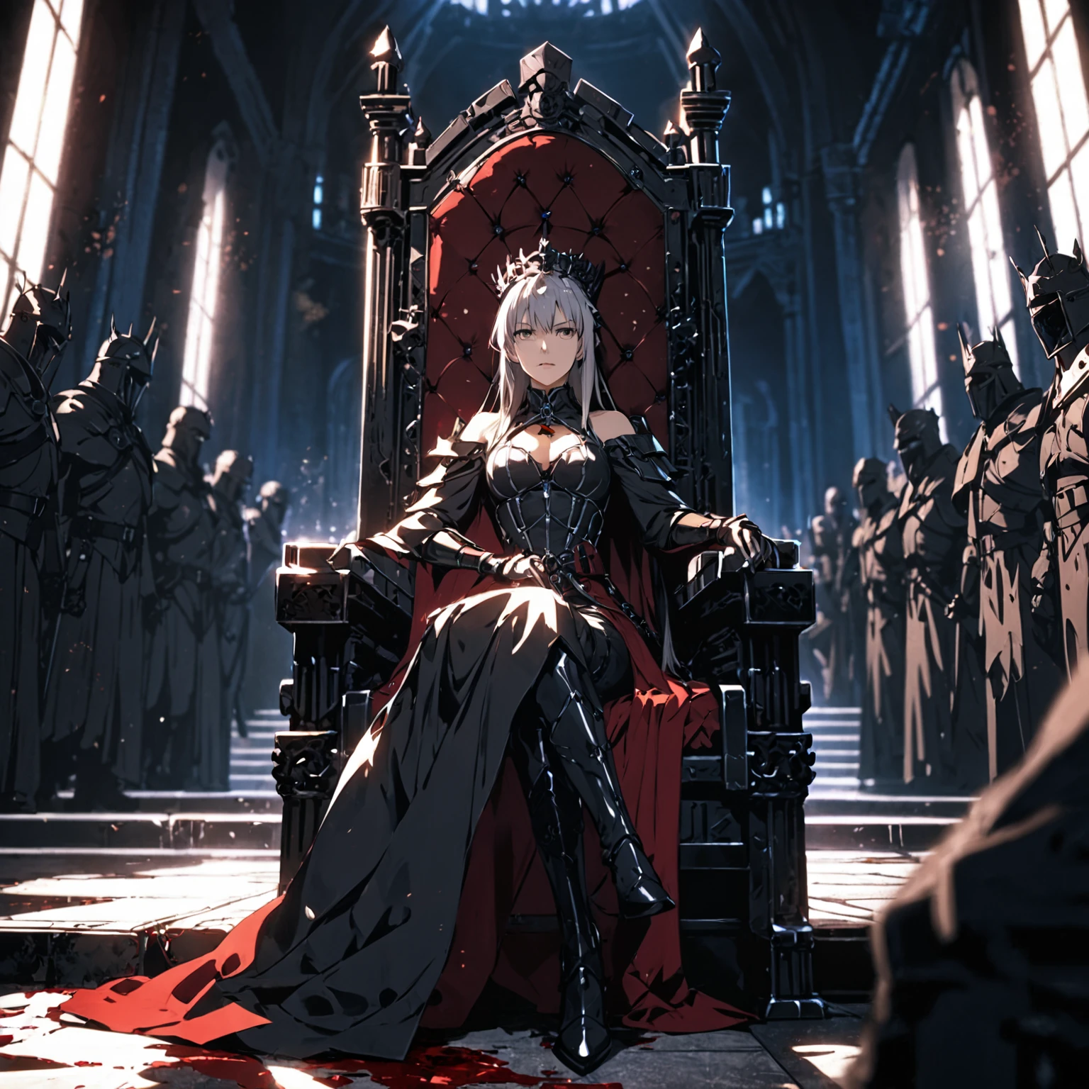 anime - style image of a woman sitting on a throne in a castle, in a throne room, fate grand order, sitting on a throne, on her throne, from arknights, sitting on her throne, from girls frontline, decadent throne room, throne room, sitting on intricate throne, girls frontline cg, sitting on throne, sitting on the throne （Dark and scary atmosphere,Gothic Fashion,Dark colors）,（Highest quality，Super exquisite item） anime - style image of a woman in heavy armor sitting on a throne in a castle, in a throne room, fate grand order, sitting on a throne, on her throne, from arknights, sitting on her throne, from girls frontline, decadent throne room, throne room, sitting on intricate throne, girls frontline cg, sitting on throne, sitting on the throne