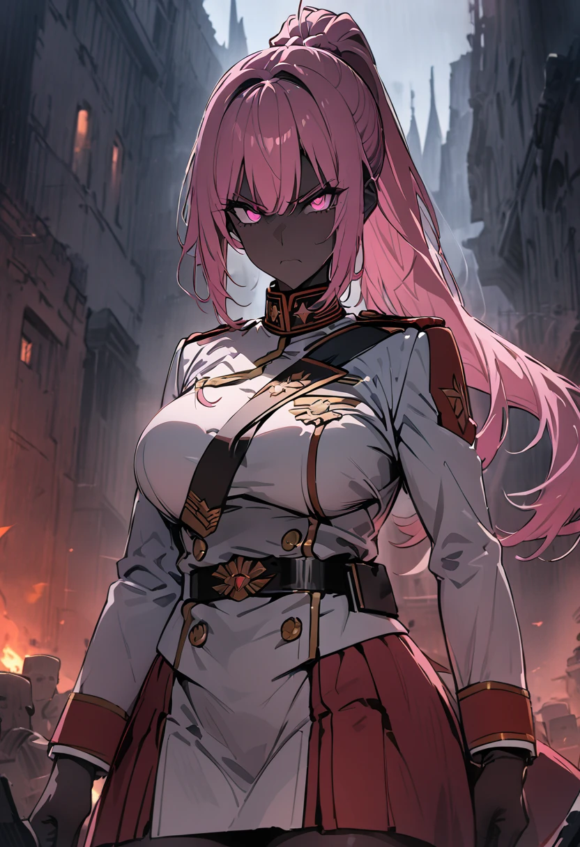 { - anatomy error} , ((Best Quality)), ((masterpiece)), (detailed), A woman, pink hair, ponytail, pink eyes, brown skin, pink hair, ponytail, pink eyes, black skin, dressed in military clothing, imperial uniform, intimidating look, military pose, the background is the outskirts of a castle