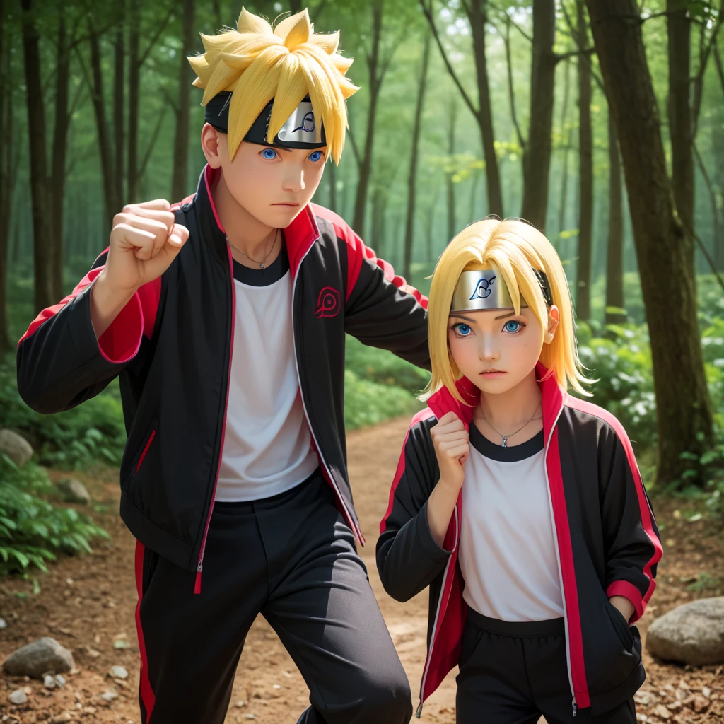 Boruto, 3boy, yellow hair, head protector, blue eyes, two lines in face, white shirt, black jacket red line, black long pants red line, forest and rocks background, fight pose, rasengan in one hand,Masterpiece, Best Quality, High Resolution, High Details, Textured Skin, UHD, 