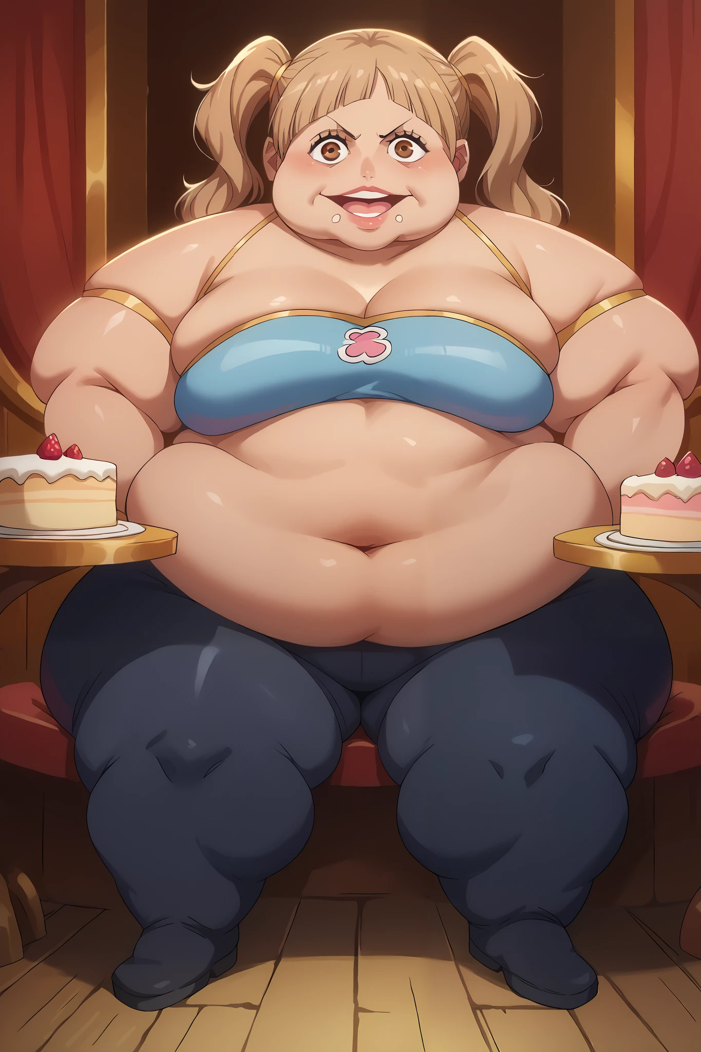 score_9, score_8_up, score_7_up, score_6_up, source_anime BREAK 1girl, solo,  defrka, Charlotte Pudding, Phyrne Jameel, light brown hair, pigtails, lips, brown eyes, one piece, cake island, blue tube top, black bike shorts, looking at you, fat, chubby, obese, gigantic arms and legs, smile, sitting, open mouth, eating 